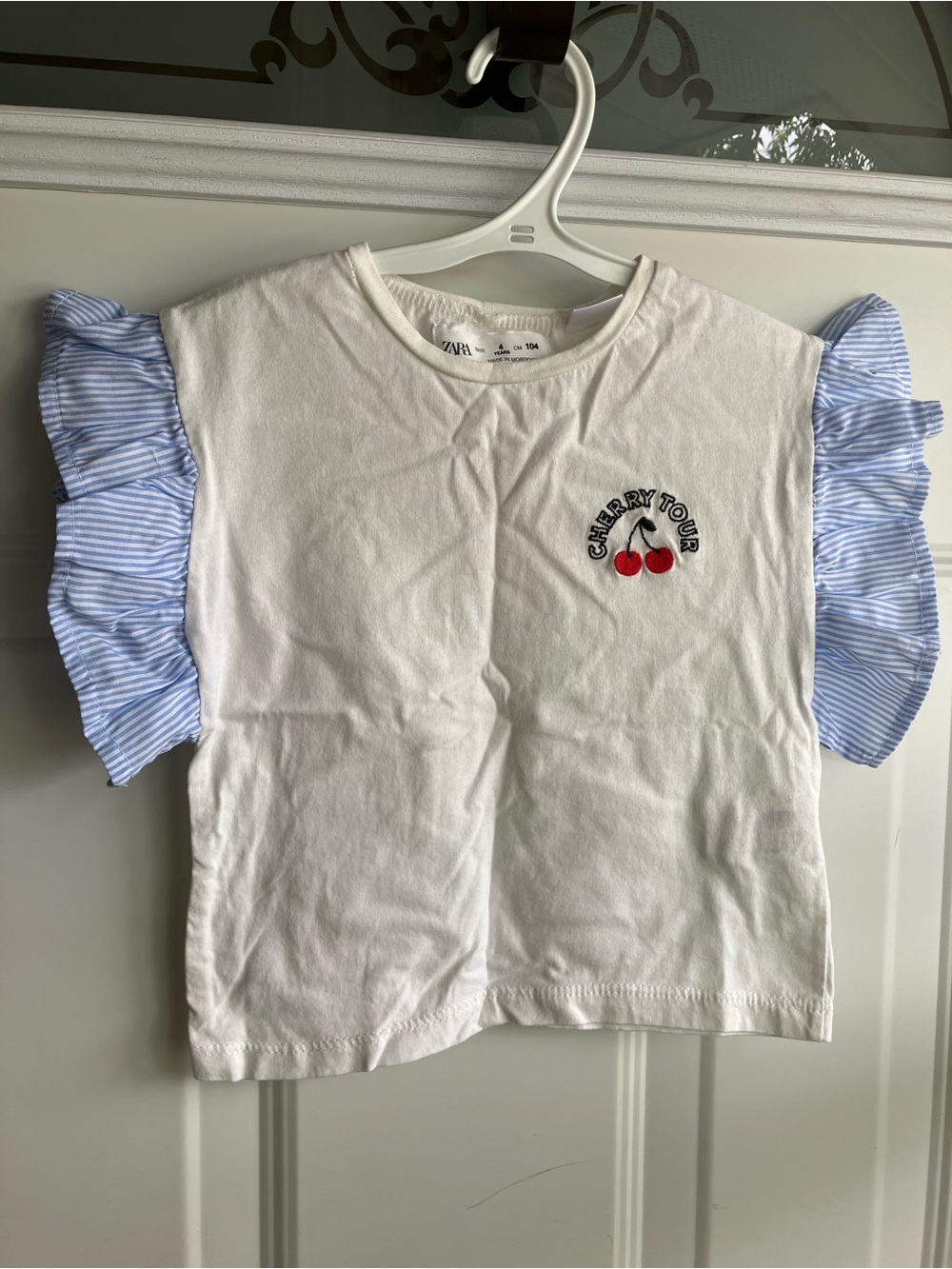 Zara white blue stripe ruffle shirt cherry 4T